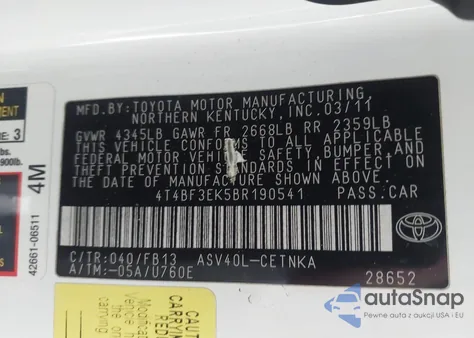2011 Toyota Camry Le from USA, damaged, VIN 4T4BF3EK5BR190541